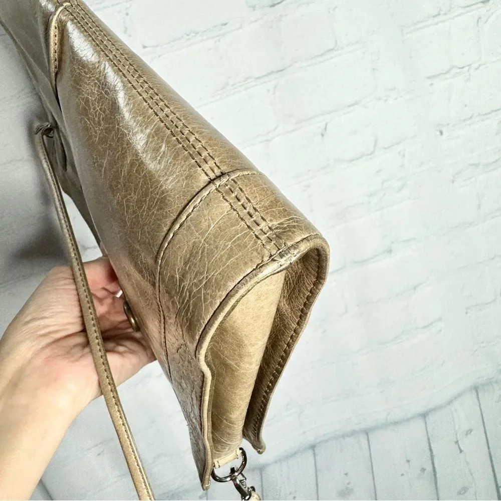 HOBO International Taupe Shiny Crackle Leather Clutch Shoulder Bag Every Day Bag